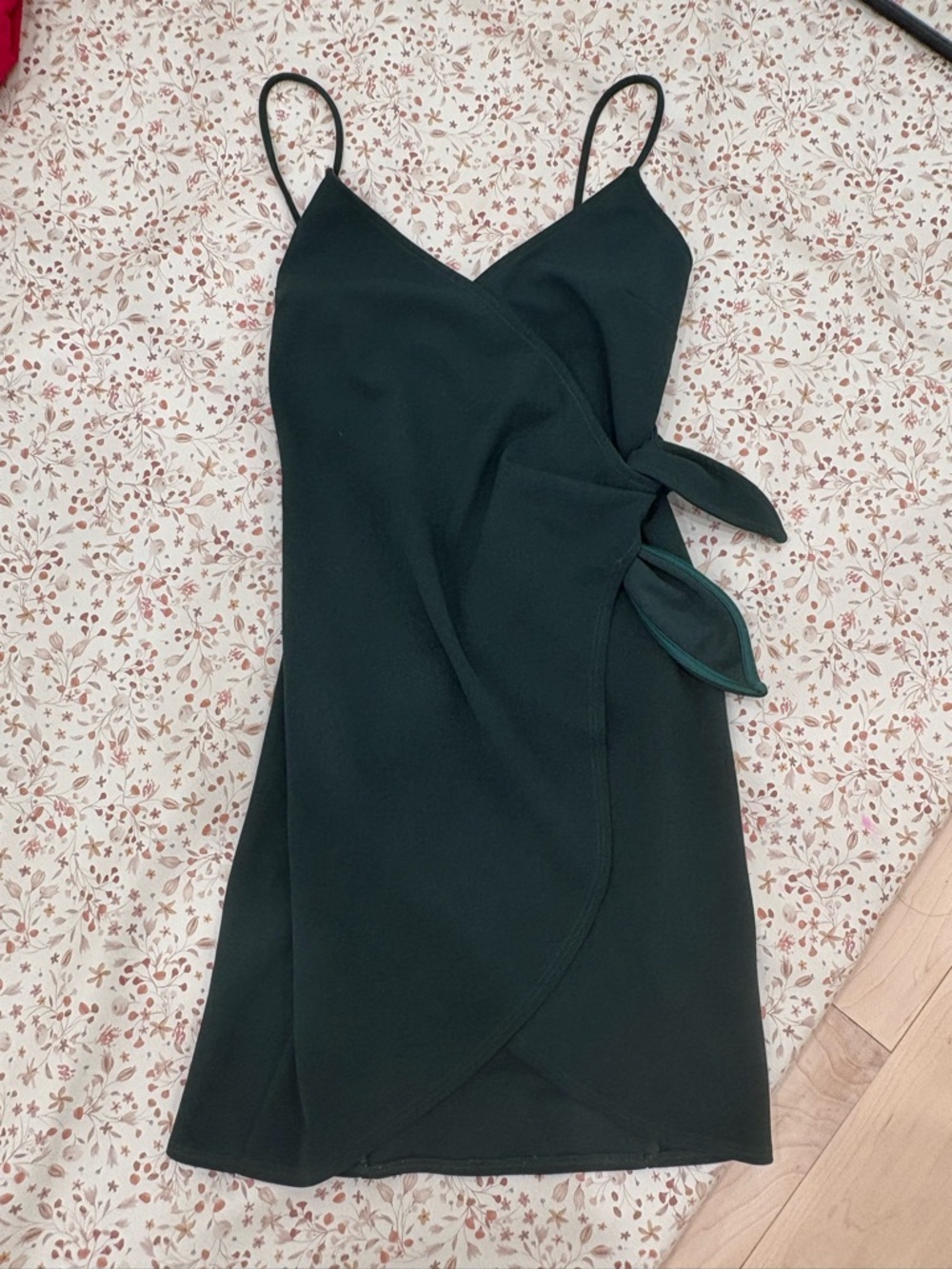 Dark Green Wrap Slip Dress with Side Tie